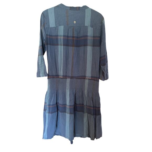 prAna SugarPine Crinkle Gauze Organic Cotton Blue Plaid Blouson Dress small Blue - Picture 5 of 7